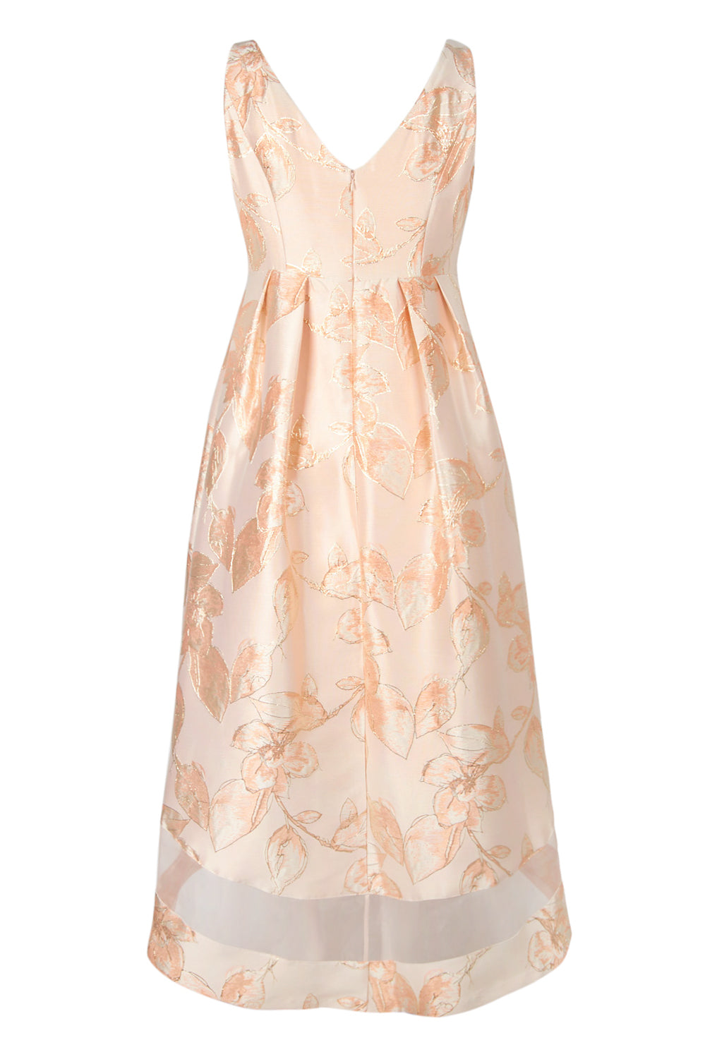 Adrianna Papell Boat Neck Sleeveless Pleated Zipper Back High Low Jacquard Dress (Plus Size) - PALE PEACH MULTI - back