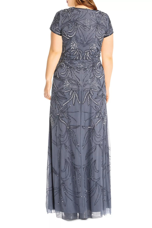 Plus Size Dresses Bateau Floor-Length Mesh Formal Sheath Gown with Beaded Embroidery and Cap Sleeves Dusty Blue