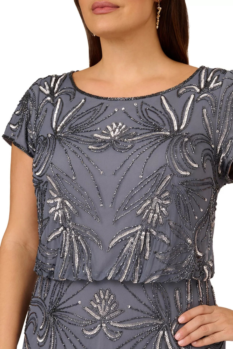 Adrianna Papell Round Neckline Short Cap Sleeves Seamed Waist Sheath Maxi Gown Dress (Plus Size)