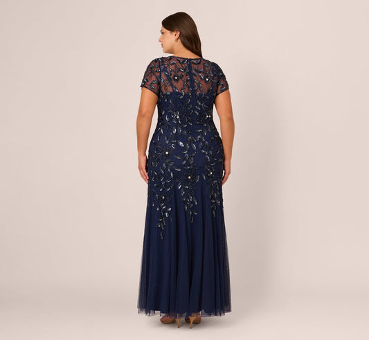 Light Navy Bateau Floor-Length Mesh Formal A-Line Gown Hand Beaded Embroidery Adrianna Papell AP1E208349