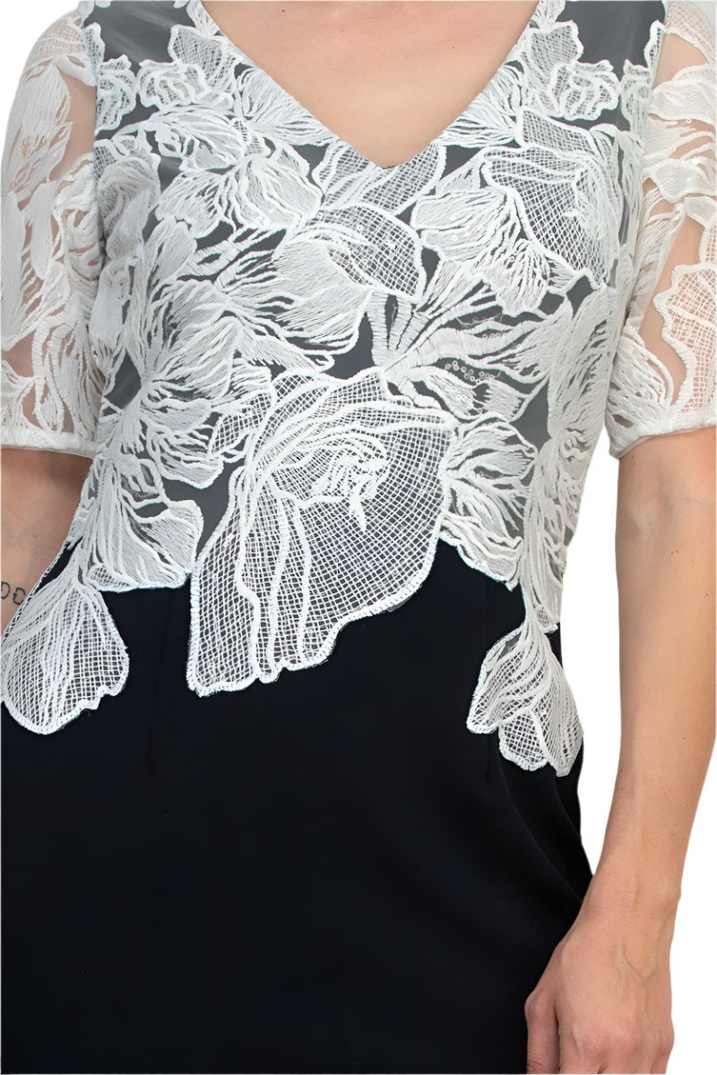 Adrianna Papell V-Neck Sort Sleeve Embroidered Bodice Zipper Back Column Stretch Crepe Gown - MIDNIGHT IVORY - FABRIC