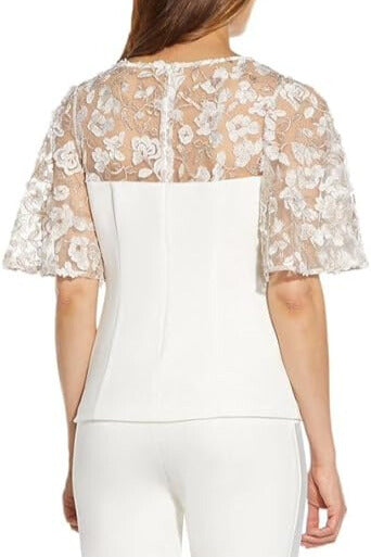 Adrianna Papell Crew Neck Bell Sleeve Zipper Back Illusion Embroidered Crepe Top - IVORY - Back