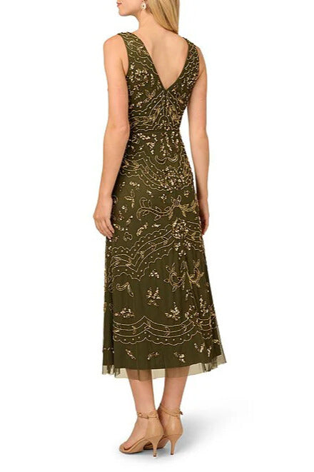 Adrianna Papell V-Neckline V-Back Sleeveless Zipper Closure Beaded Overlay A-Line Midi Dress