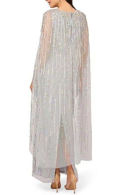 Adrianna Papell V-neck cape sleeve zipper closure sequined gown - GLACIER- BACK