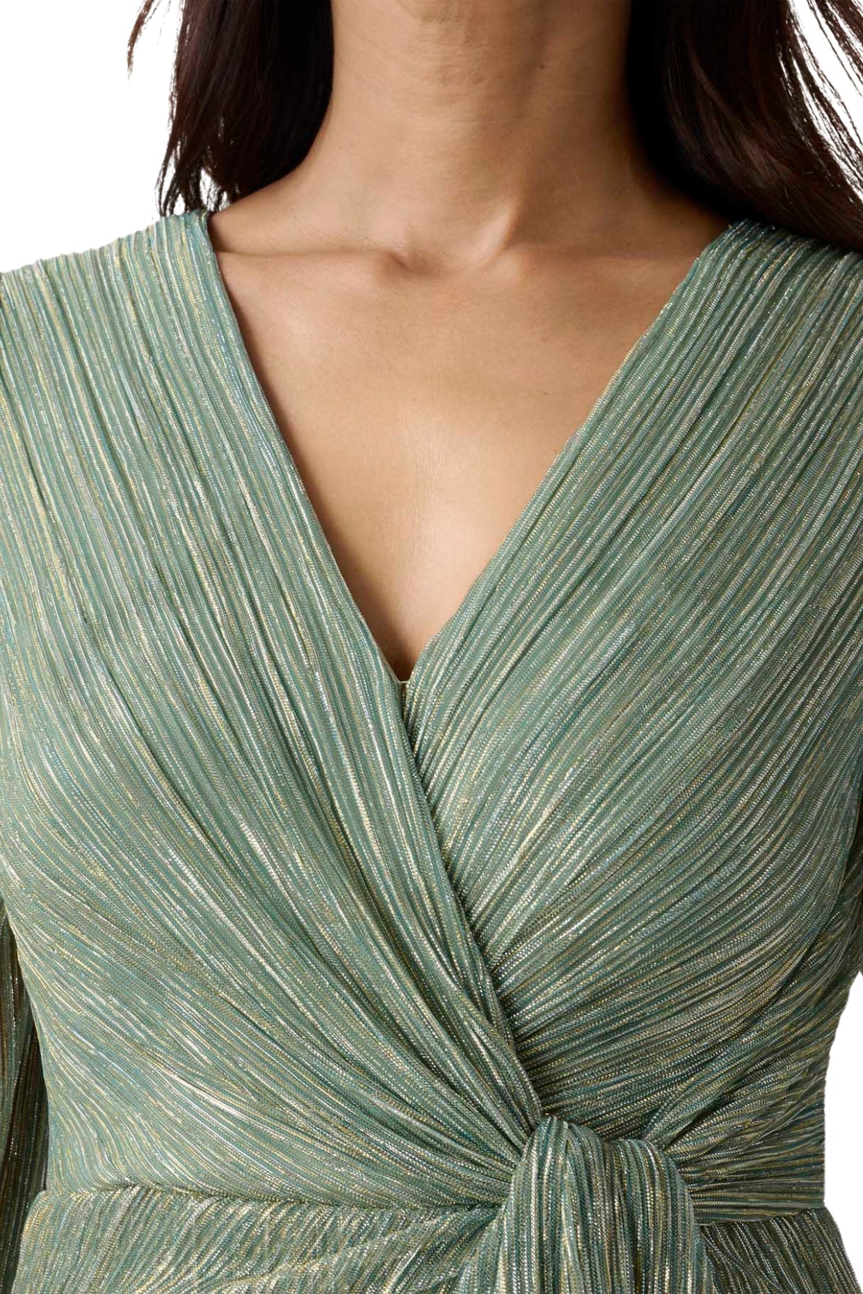 Adrianna Papell Metallic V-Neckline Long Sleeves Waist Twist Bodice Ruched Gown Dress