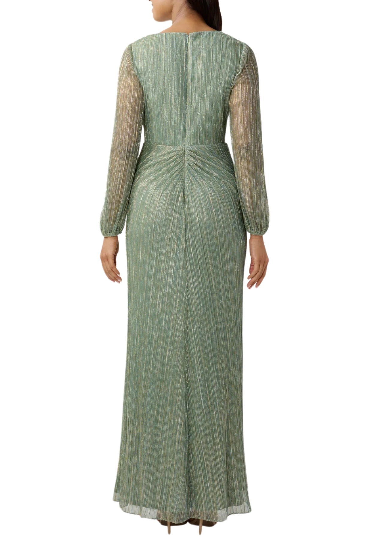Adrianna Papell Metallic V-Neckline Long Sleeves Waist Twist Bodice Ruched Gown Dress - GREEN SLATE - Back