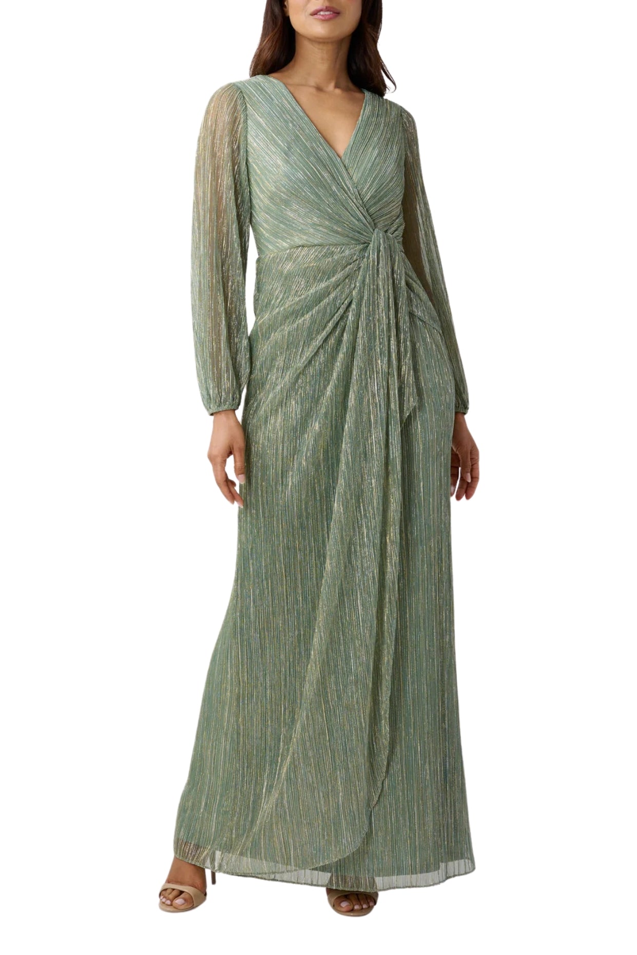 Adrianna Papell Metallic V-Neckline Long Sleeves Waist Twist Bodice Ruched Gown Dress - GREEN SLATE - front