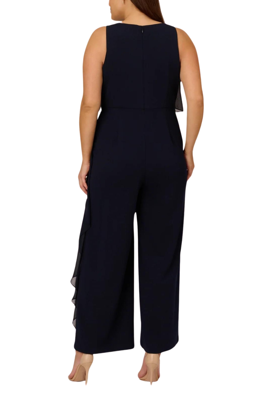 Adrianna Papell Chiffon Crepe Wide Leg Boat Neck Jumpsuit ( Plus Size ) - Wholesale  - MIDNIGHT - Back