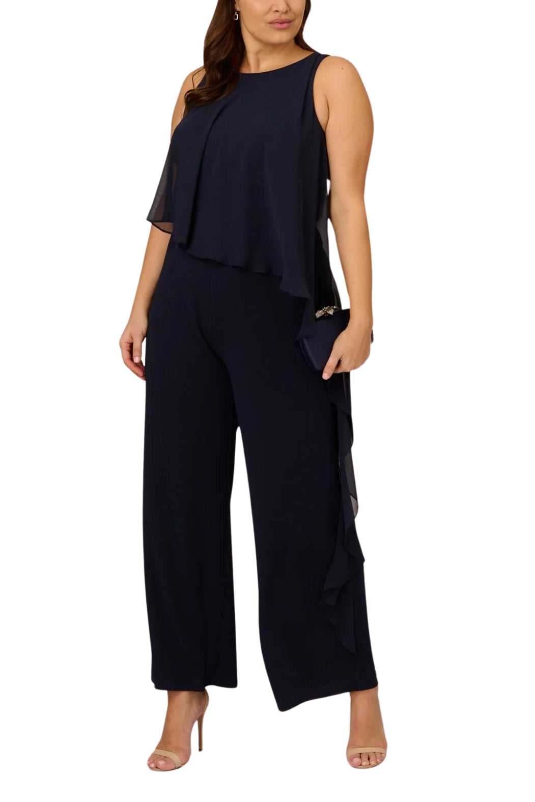 Adrianna Papell Chiffon Crepe Wide Leg Boat Neck Jumpsuit ( Plus Size ) - Wholesale  - MIDNIGHT - Front