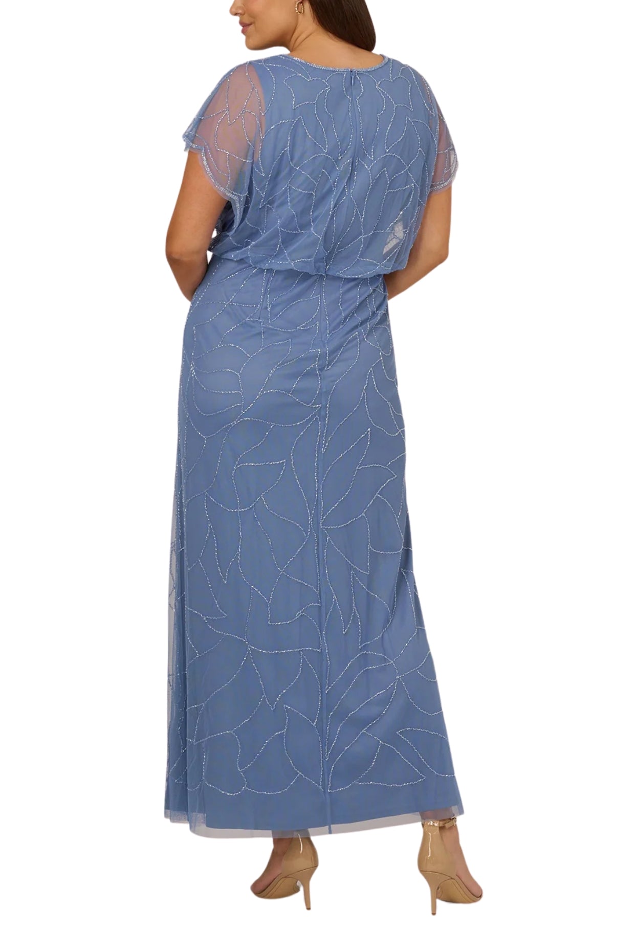 Adrianna Papell V-Neck Dolman Sleeves Blouson Zipper Closure Beaded Mesh Gown