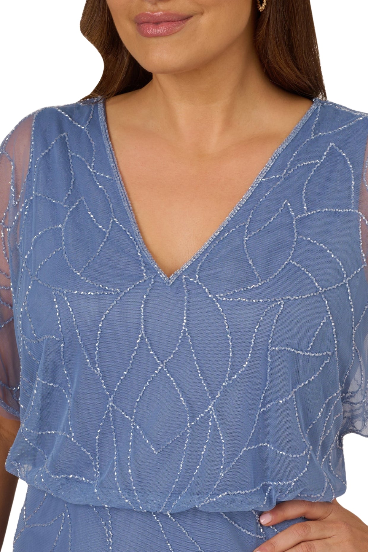 Adrianna Papell V-Neck Dolman Sleeves Blouson Zipper Closure Beaded Mesh Gown