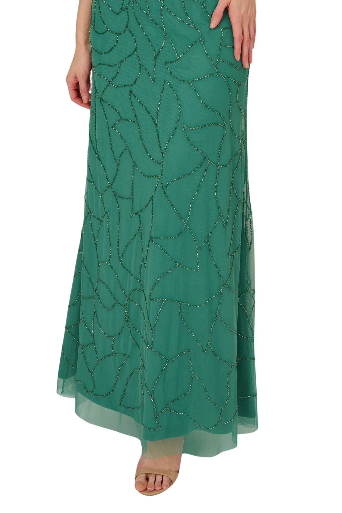 Adrianna Papell V-Neck Beaded Blouson Mermaid Gown with Short Sleeves (Plus Size) - JUNGLE GREEN - BOTTOM