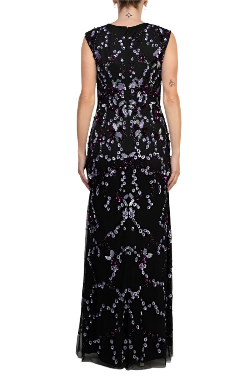 Adrianna Papell Beaded V Neck Sleeveless Font Slit Gown