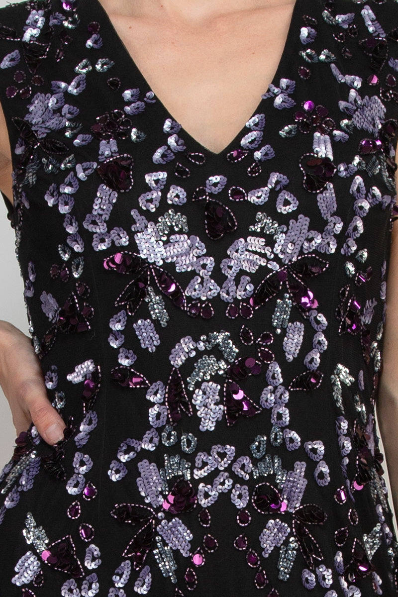 Adrianna Papell Beaded V Neck Sleeveless Font Slit Gown