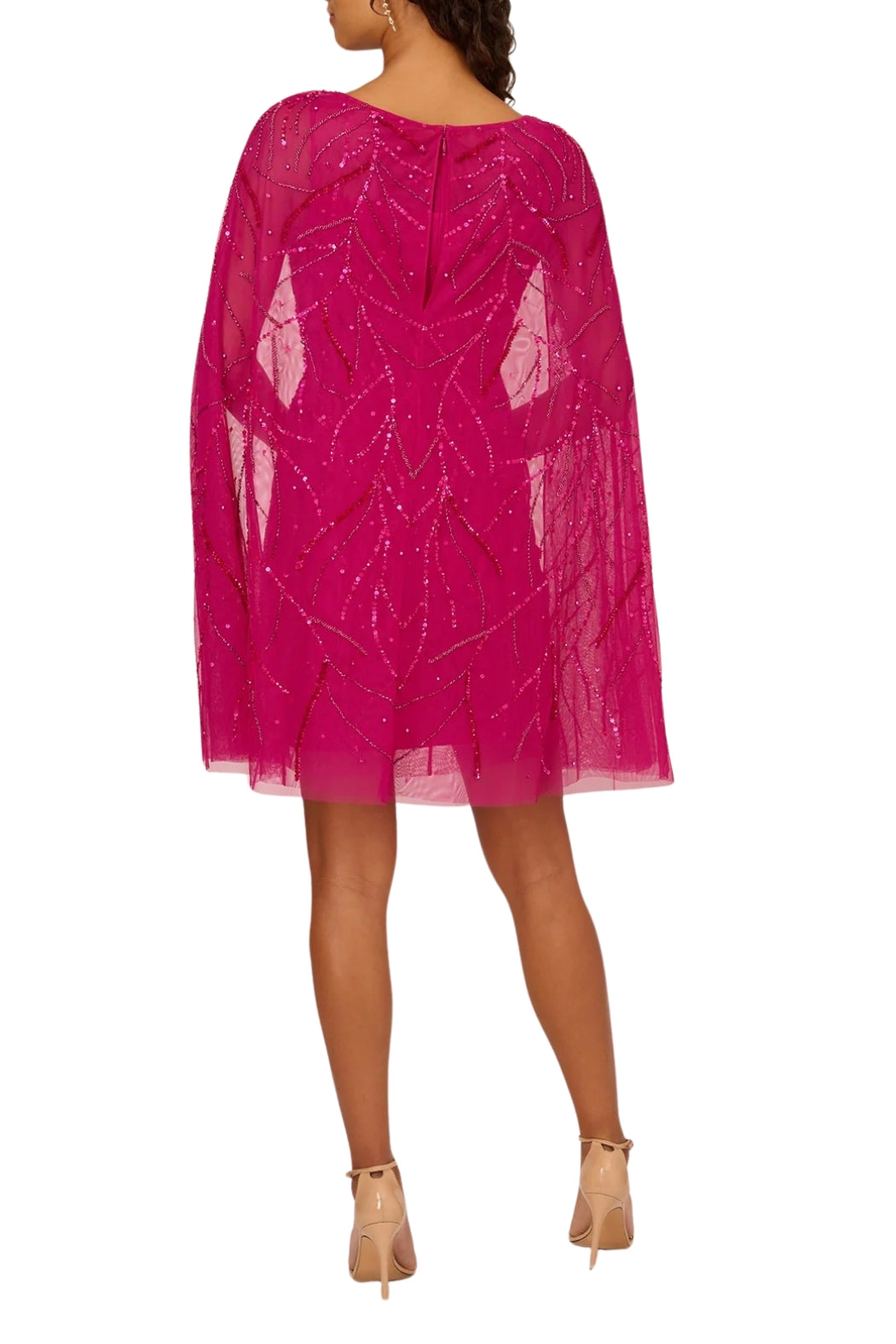 Adrianna Papell Sequin Cape With Illusion Neckline Shift Dress - HOT ORCHID - Back