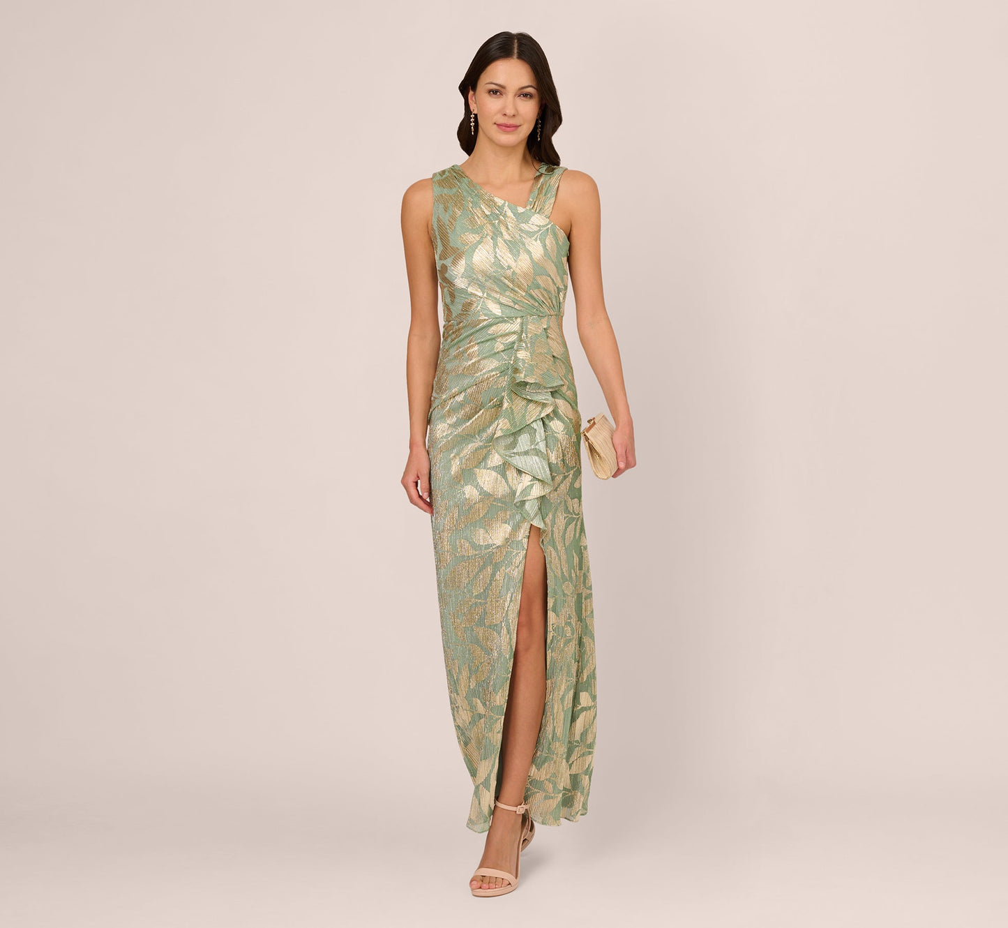 Plus Size Asymmetrical Metallic Jacquard Slit Gown Adrianna Papell AP1E211044
