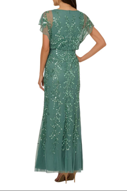 Adrianna Papell Beaded Mesh Boat Neck Flutter Sleeves Back Zipper Closure Blouson Silhouette Dress - GREEN SLATE - Back