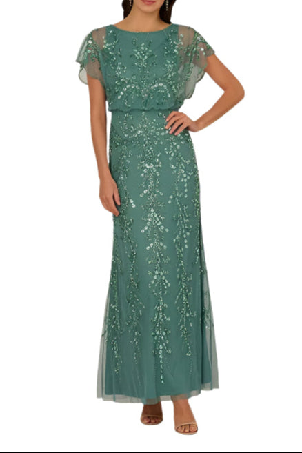 Adrianna Papell Beaded Mesh Boat Neck Flutter Sleeves Back Zipper Closure Blouson Silhouette Dress - GREEN SLATE - Front