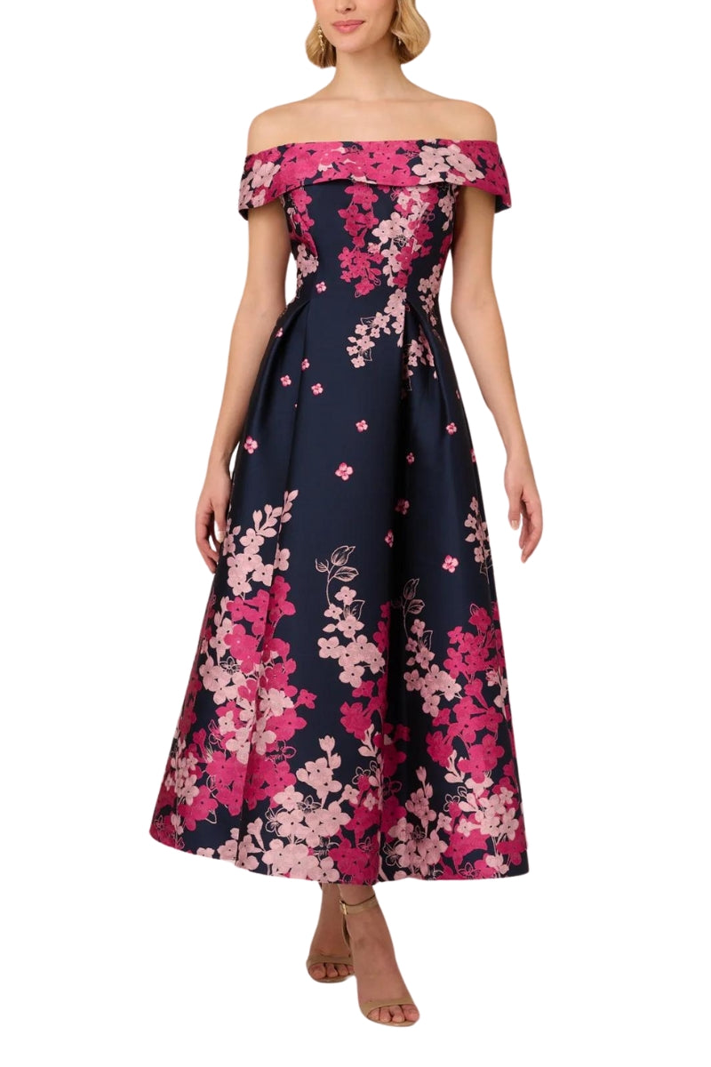 Adrianna Papell Floral Jacquard With Off The Shoulder Neckline Dress -  Wholesale | Available at Immediate Apparel