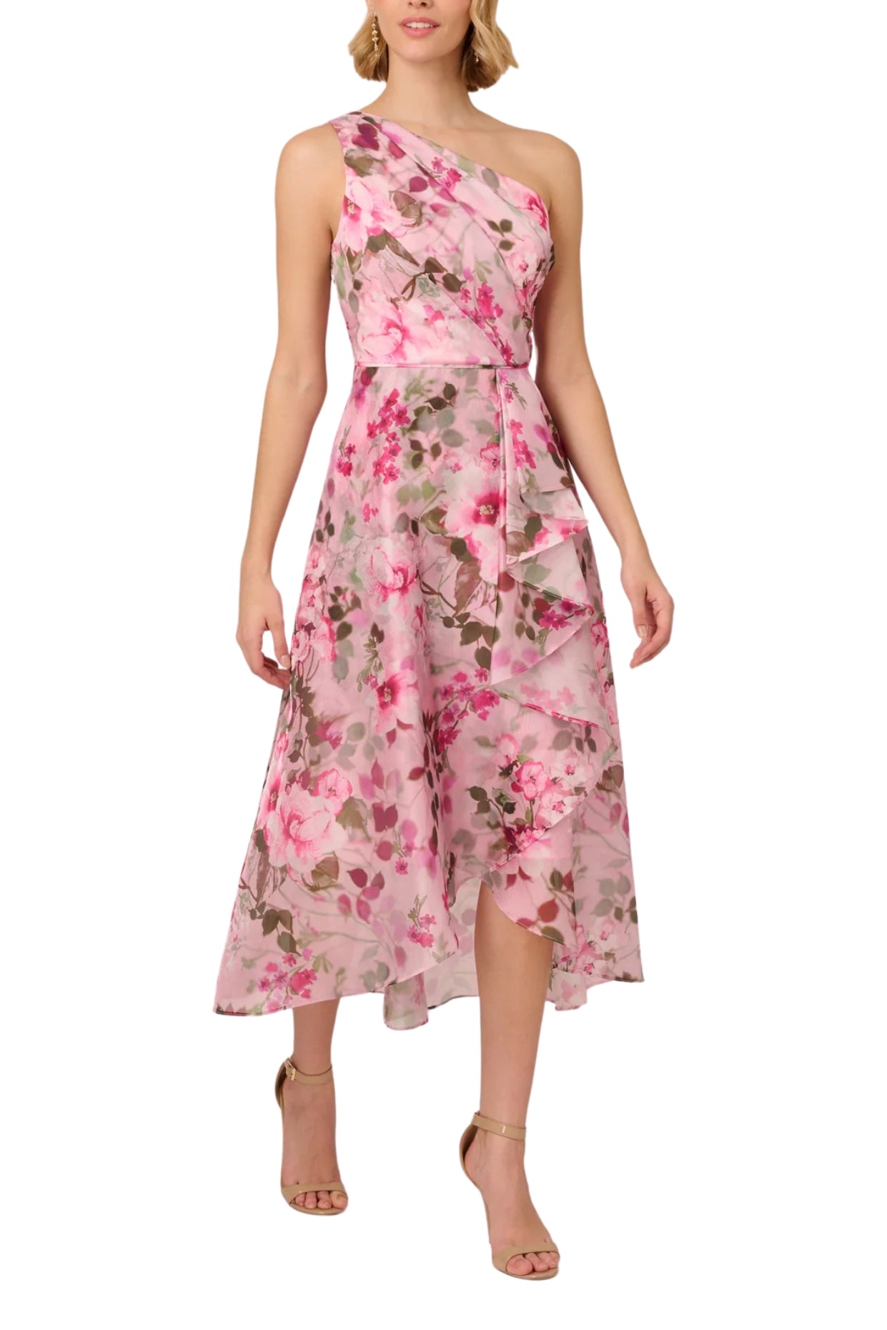 Adrianna Papell Floral Organza One Shoulder Sleeveless Hi-Lo Ruffle Hem Midi Dress - PINK MULTI - front