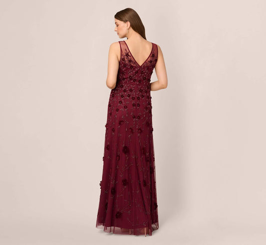 Mahogany V Neck Floor Length Velvet Formal Beaded Gown with Sheer Tank Straps Adrianna Papell AP1E211438