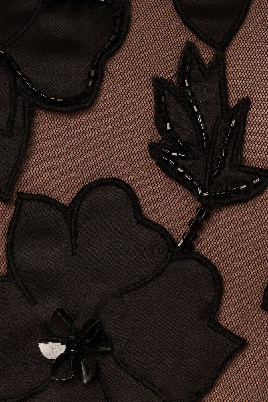 Adrianna Papell Off-the-Shoulder Neckline Sheer Knit Mesh Beaded Sequin Floral Design Fitted Silhouette Column Skirt Dress -  BLACK ROSEGOLD - FABRIC