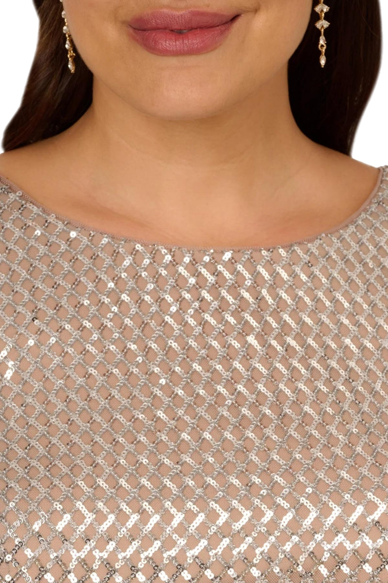 Adriann Papell Sequin Short Sleeve With Embellished Waist In Silver Column Gown (Plus Size) - SILVER NUDE - Neck