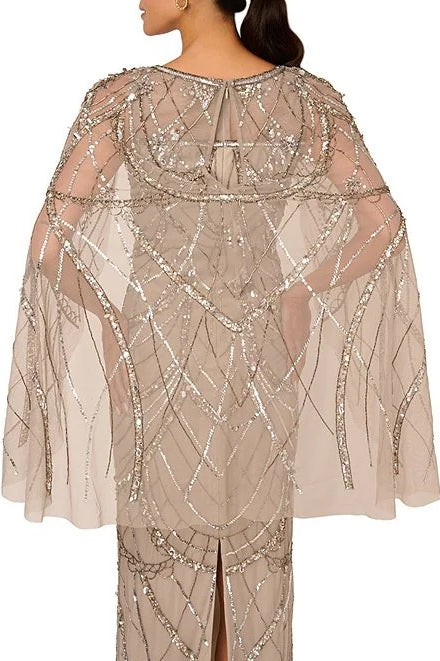 Adrianna Papell Sweetheart Boat Neck Cape Sleeves Beaded Mesh Illusion Trim Flutter Hemline Sheath Floor-Length Silhouette Dress