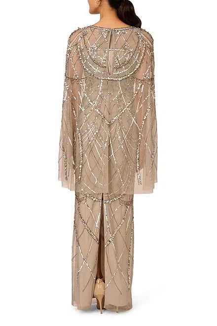 AAdrianna Papell Sweetheart Boat Neck Cape Sleeves Beaded Mesh Illusion Trim Flutter Hemline Sheath Floor-Length Silhouette Dress -PLATINU - Back