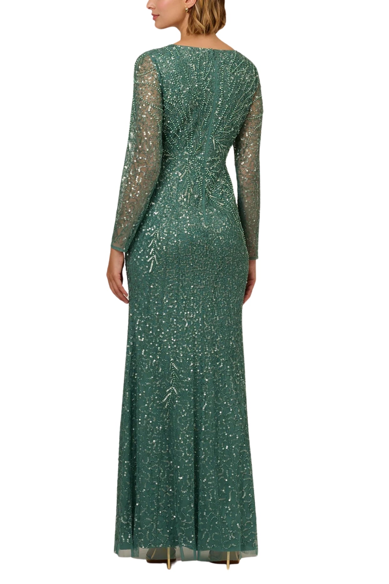 Adrianna Papell Beaded Mesh V-Neckline Long Illusion Sleeves Full Length Dress - GREEN SLATE - back