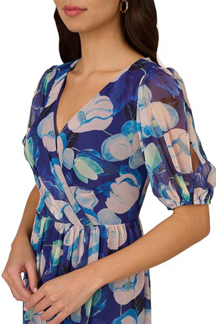 Adrianna Papell Floral Print Pleating Surplice V-Neckline Short Sleeves Elastic Cuffs Ruched Waist Seam Front Slit Chiffon Maxi Dress - BLUE MULTI - Neck View