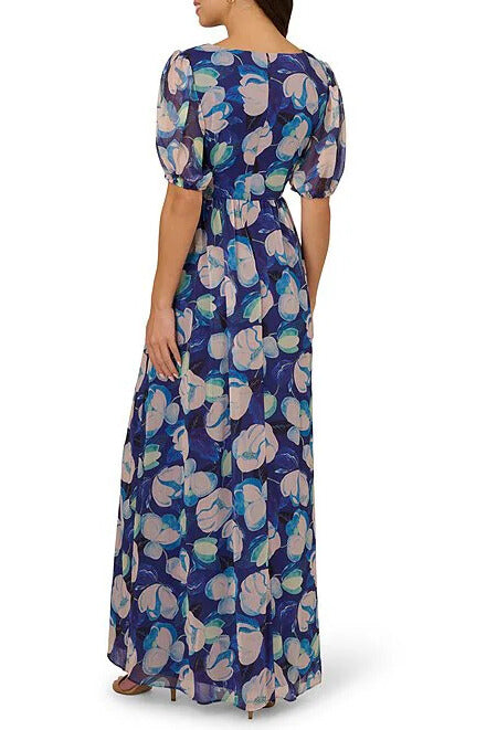 Adrianna Papell Floral Print Pleating Surplice V-Neckline Short Sleeves Elastic Cuffs Ruched Waist Seam Front Slit Chiffon Maxi Dress - BLUE MULTI - Back