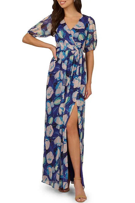 Adrianna Papell Floral Print Pleating Surplice V-Neckline Short Sleeves Elastic Cuffs Ruched Waist Seam Front Slit Chiffon Maxi Dress - BLUE MULTI - Front