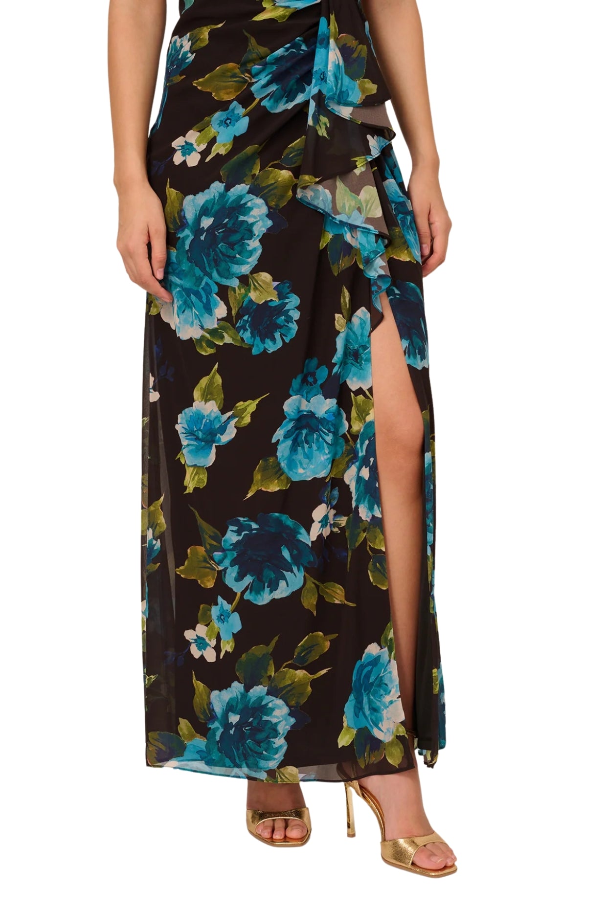 Adrianna Papell Floral Print Chiffon Asymmetrical Neck Sleeveless Front Twist Ruffle Column Dress