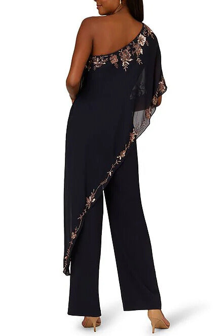 Adrianna Papell Beaded Overlay One Shoulder Straight Leg Jumpsuit - NAVY ROSE GOLD - back