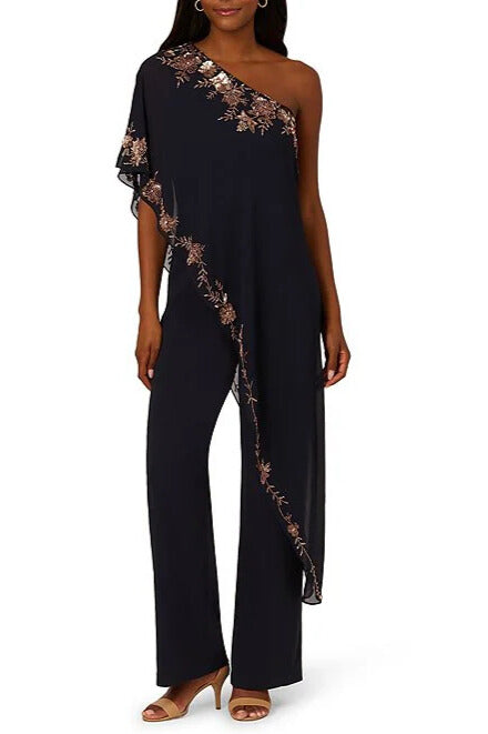 Adrianna Papell Beaded Overlay One Shoulder Straight Leg Jumpsuit - 
 NAVY ROSE GOLD - front