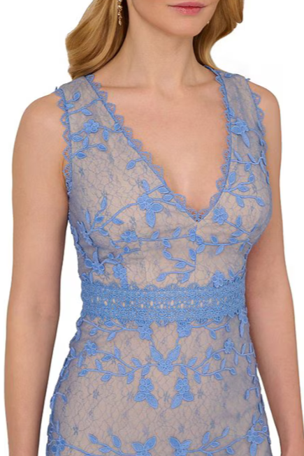 Adrianna Papell Embroidered Lace V-Neckline Sleeveless Sheath Gown Dress - PERI BLUE - Neck View