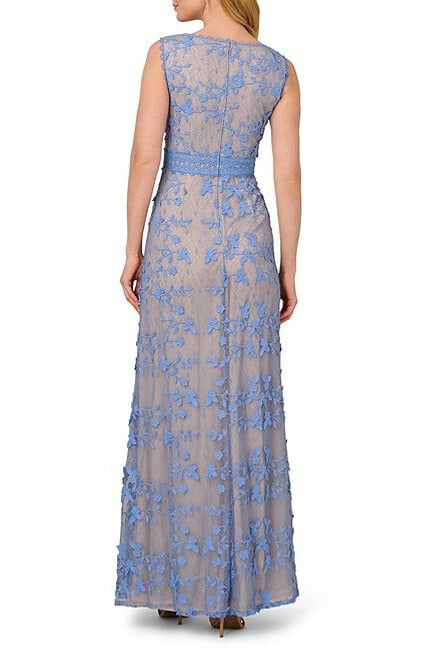 Adrianna Papell Embroidered Lace V-Neckline Sleeveless Sheath Gown Dress - PERI BLUE - Back