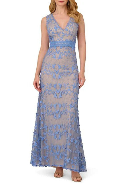 Adrianna Papell Embroidered Lace V-Neckline Sleeveless Sheath Gown Dress - PERI BLUE - Front