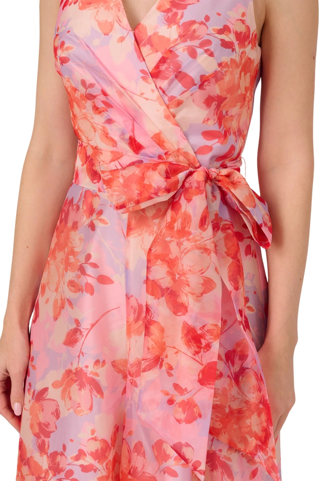 Adrianna Papell Surplice Neckline Floral Organza Wide Leg Jumpsuit Dress - PERI CORAL MULTI - TIE WAIST DETAILED VIEW