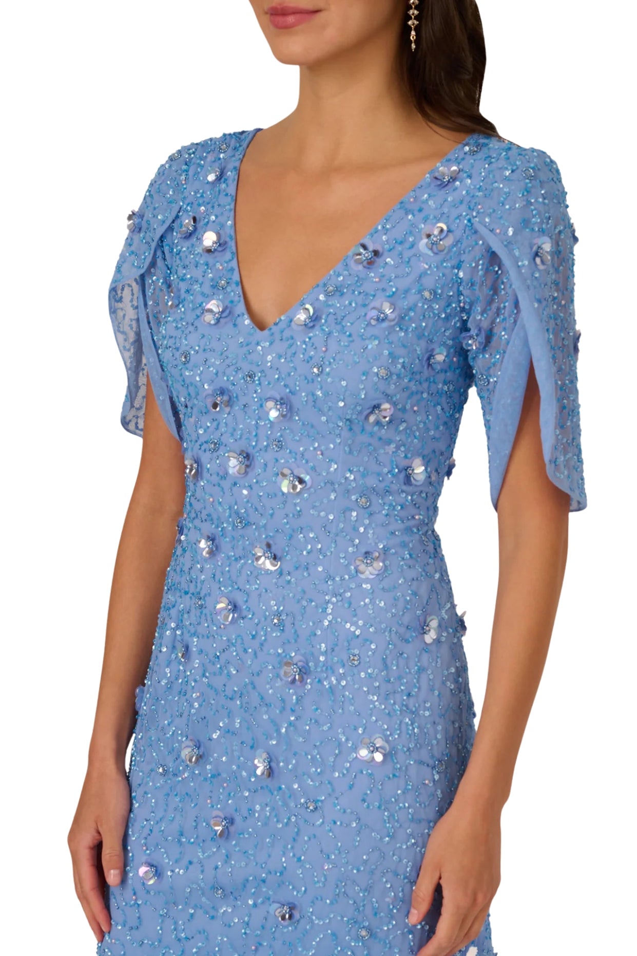 Adrianna Papell Bluebell Beaded V-Neckline Tulip Sleeves Maxi Mermaid Dress