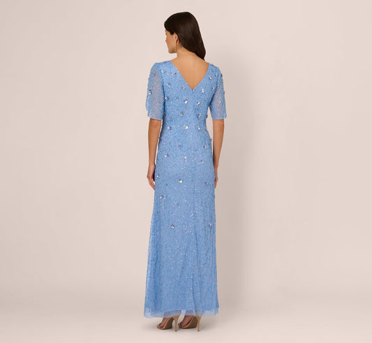 Blue Bell V-Neck Floor-Length Mesh Formal Mermaid Gown 3D Floral Beading and Tulip Sleeves Adrianna Papell AP1E212045