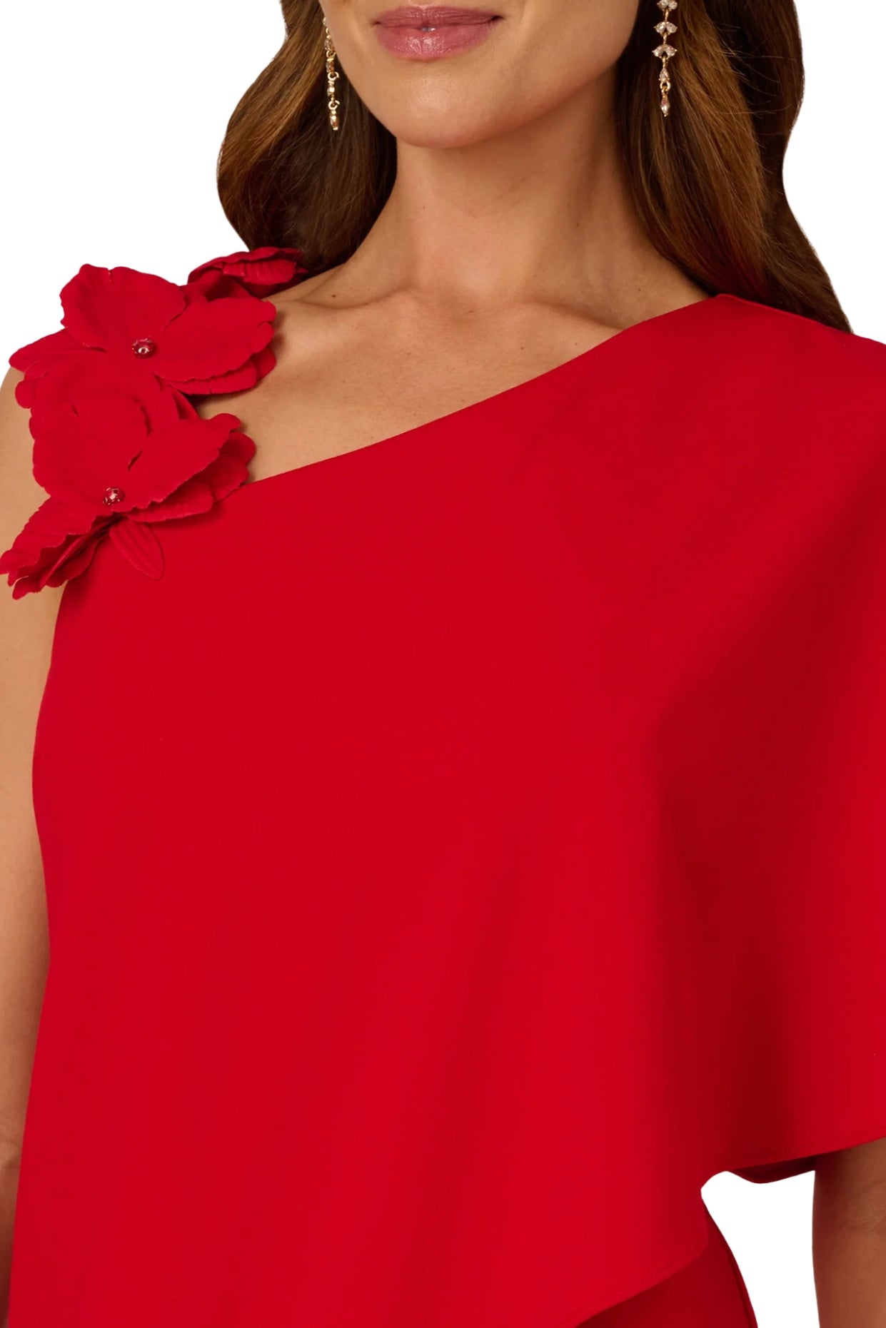 Adrianna Papell Hot Pepper Asymmetrical One-Shoulder Single Strap Cape Sleeves Wide Leg Cut Jumpsuit