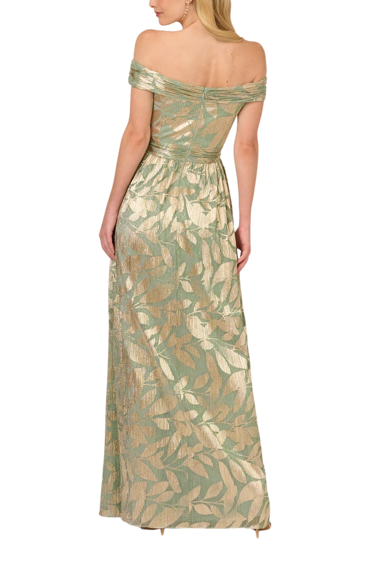 Adrianna Papell Leaf Print Off-The-Shoulder Sleeveless Back Zipper Closure Foiled Knit A-Line Gown Dress - SAGE GOLD - BACK