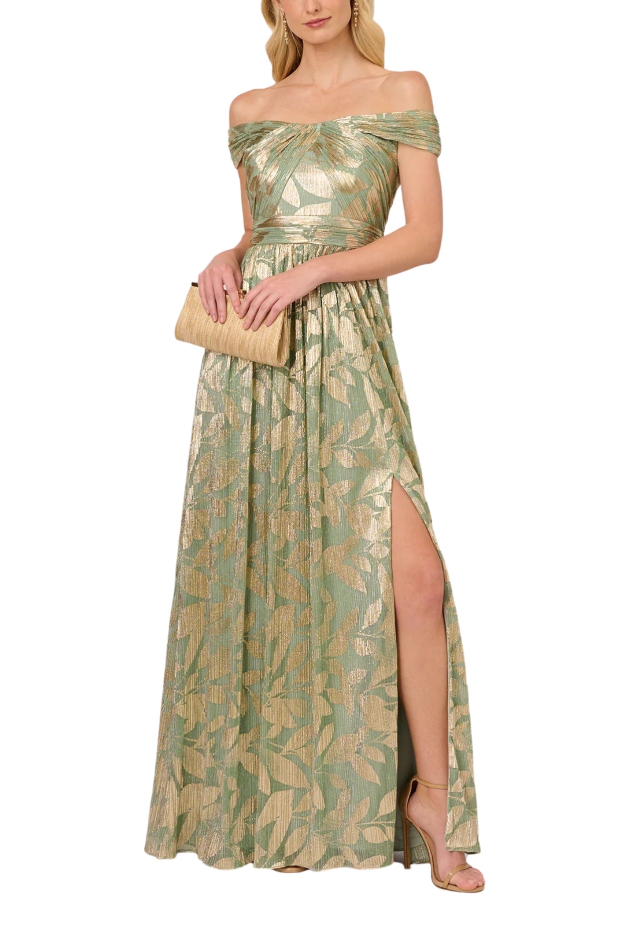 Adrianna Papell Leaf Print Off-The-Shoulder Sleeveless Back Zipper Closure Foiled Knit A-Line Gown Dress - SAGE GOLD - Front