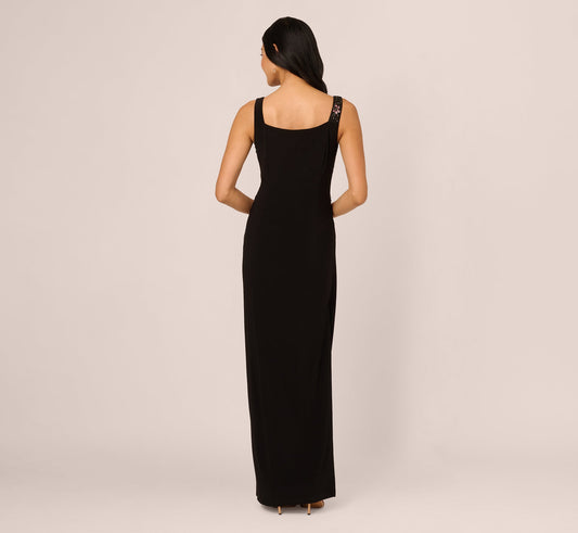Formal Dresses Sleeveless Floor-Length Jersey Formal Sheath Dress Floral Applique Adrianna Papell AP1E212161 Black