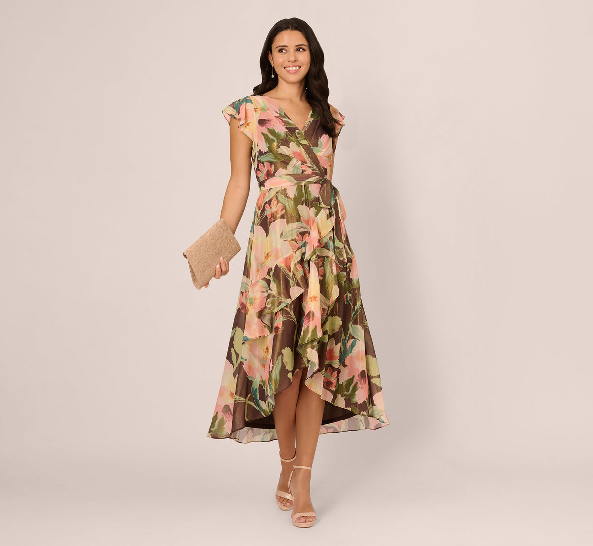 Flutter-Sleeve High-Low Midi Wrap Dress Adrianna Papell AP1E212186