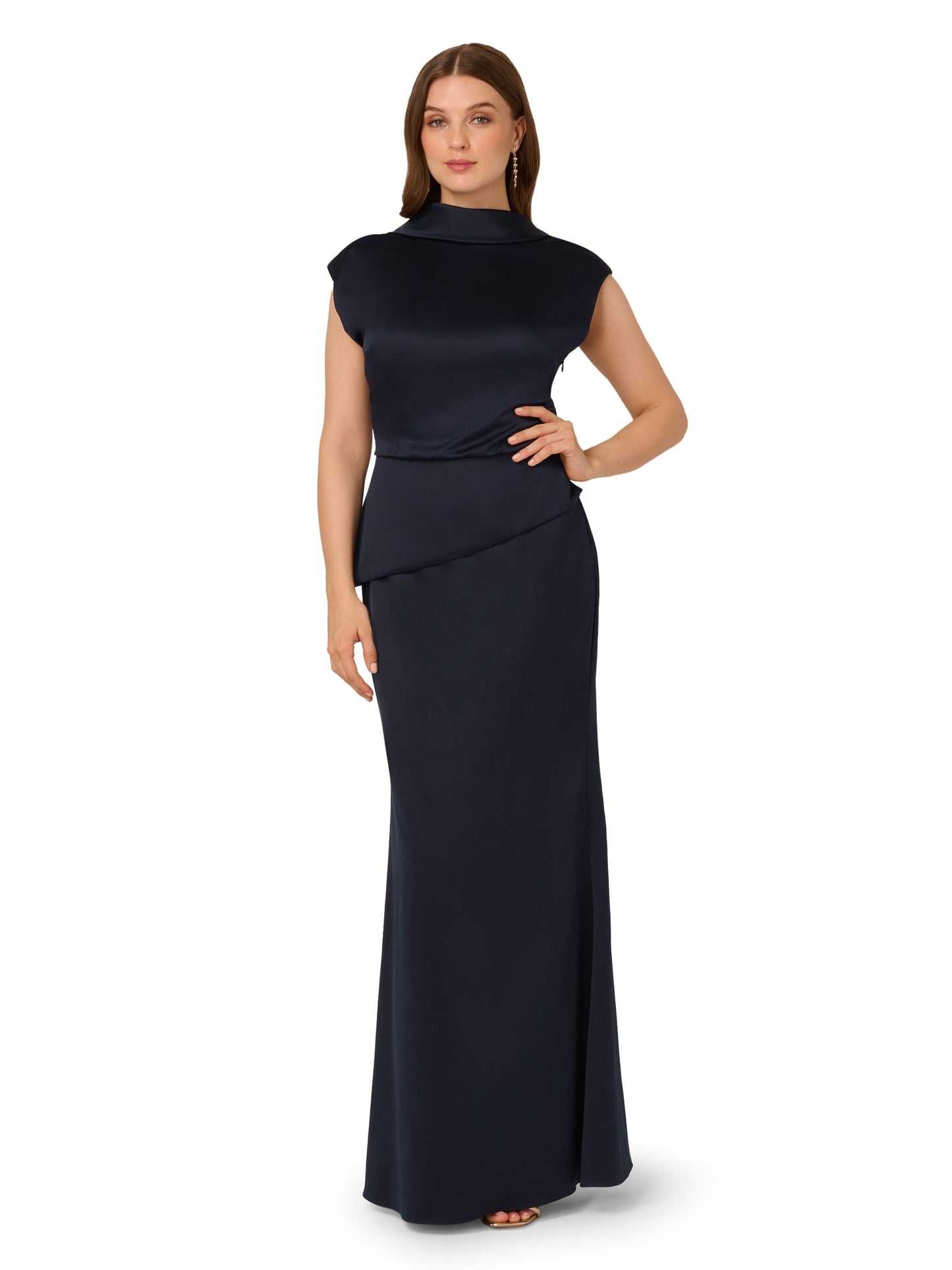 High Neck Sleeveless Satin Evening Gown by Adrianna Papell AP1E212258 in Dark Navy