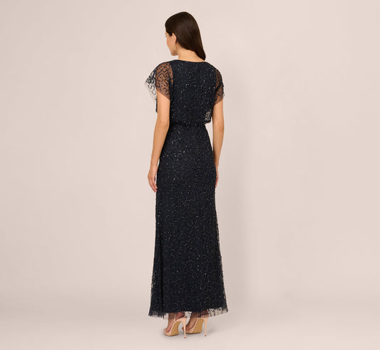 Midnight Multi Adrianna Papell AP1E212565 Scoop Neck Long Sequin Evening Beaded Dress