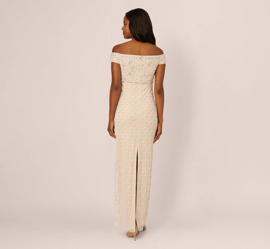 Ivory Nude Adrianna Papell AP1E212608 Off the Shoulder Long Mesh Beaded Formal Dress